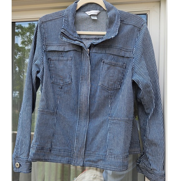 Christopher & Banks Jackets & Blazers - Christopher & Banks Blue White Striped Zip Utility Denim Jacket Womens Large